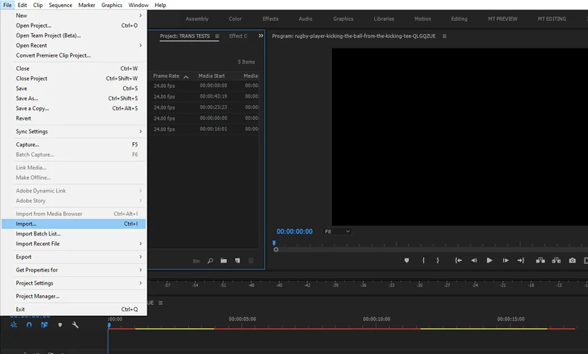 Premiere Pro interface showing File menu opened to Import option for adding transitions