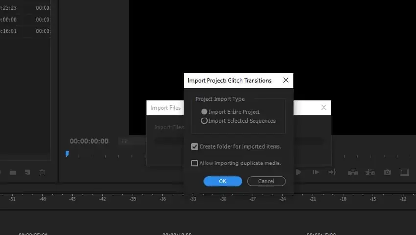 Premiere Pro Import Project window showing options to import entire project and create folder for transitions
