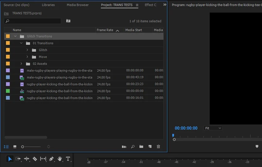 Premiere Pro interface displaying Glitch Transitions folder structure with transition assets and preview footage in Project panel