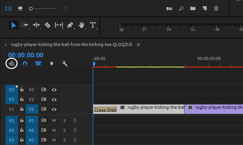 Premiere Pro timeline with insert and overwrite icon highlighted to nest sequences for applying transitions
