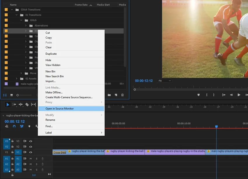 Premiere Pro Project panel showing Glitch Transitions folder structure with right-click menu and Open in Source Monitor option