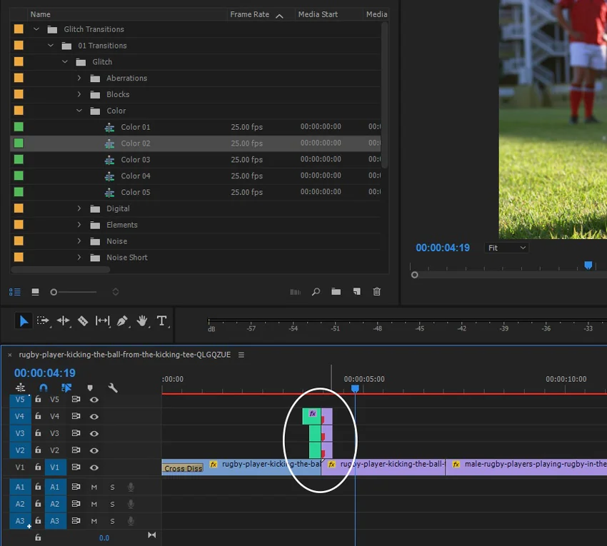 Dragging color transition from Project panel to Premiere Pro timeline between two rugby footage clips