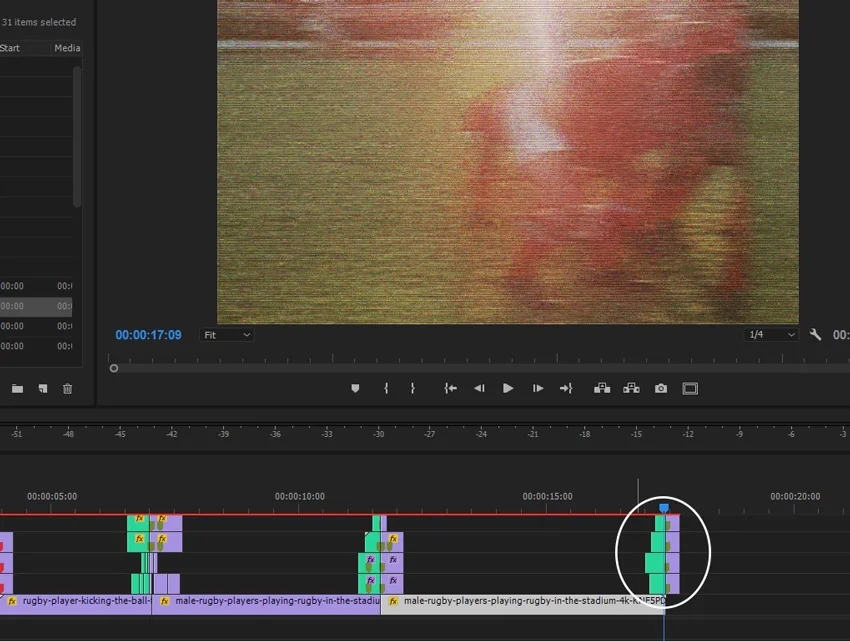 Premiere Pro interface showing glitch transition effect applied to rugby footage with distorted playback in Program Monitor
