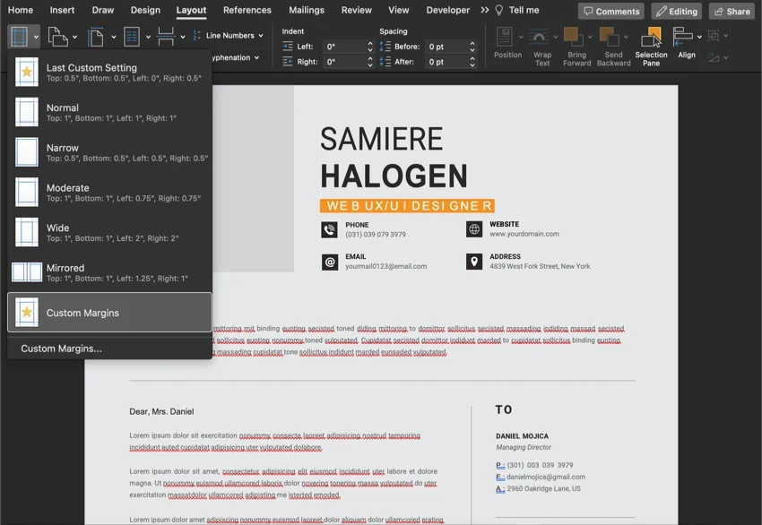 Margins drop-down menu