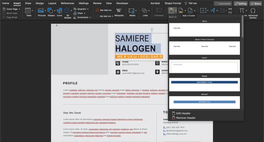 drop-down arrows for Header, Footer, and Page Number.