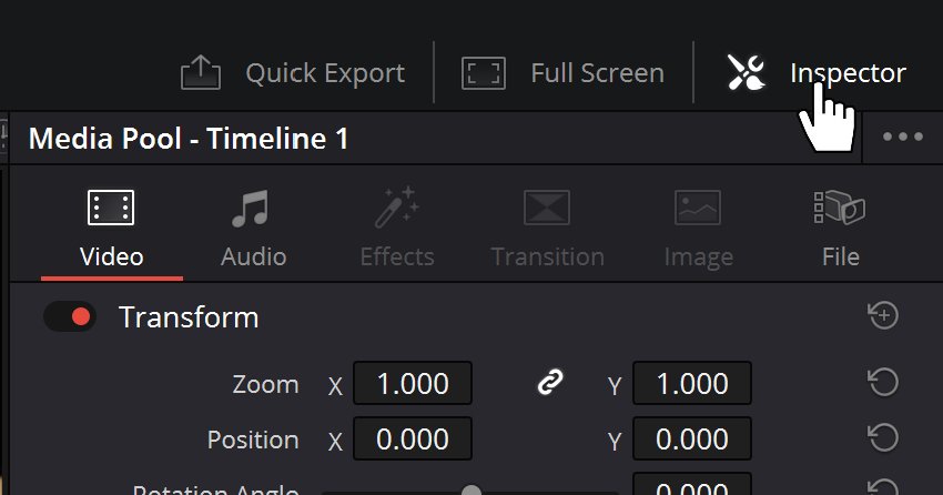 Inspector tab to Change Aspect Ratio Davinci Resolve