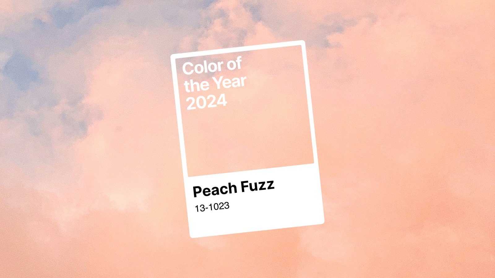 Peach-colored cloud on a blue sky, overlaid with the Pantone Color of the Year swatch frame.