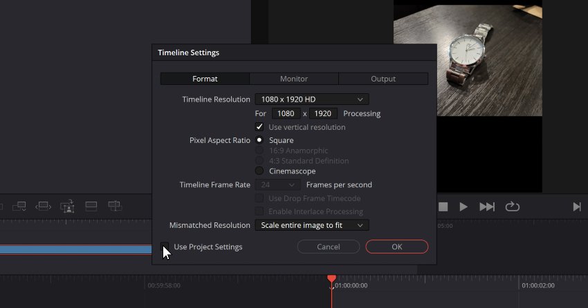 User unchecking box for 'Use Project Settings' in Resolve.