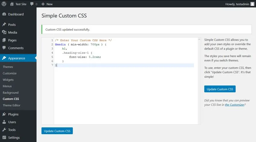 hit the Update Custom CSS button.