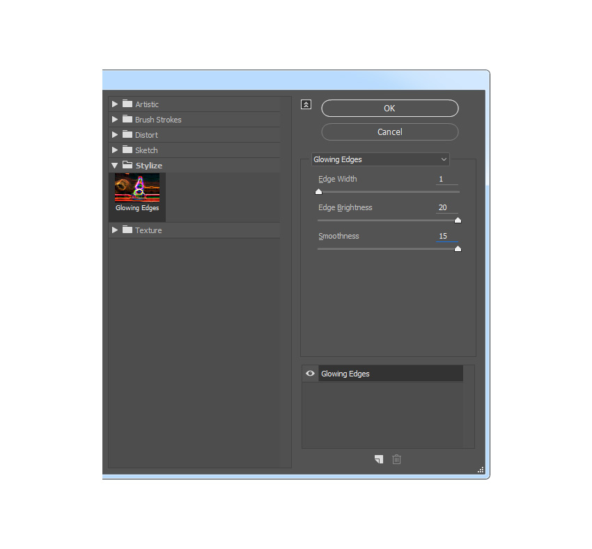 Now press Control-Shift-U on your keyboard to desaturate this layer. Then, go to Filter > Filter Gallery > Stylize > Glowing Edges and set the Edge Width to 1, Edge Brightness to 20, and Smoothness to 15.