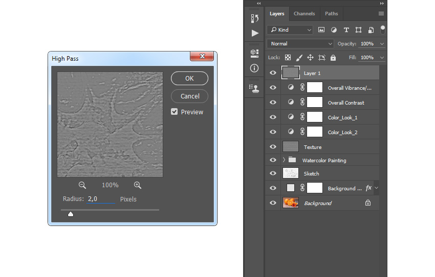 Now press Control-Alt-Shift-E on your keyboard to make a screenshot, and then press Control-Shift-U to desaturate this layer. Then, go to Filter > Other > High Pass and set the Radius to 2 px