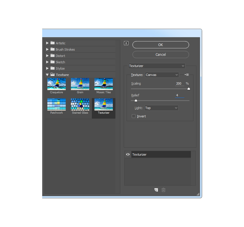 Go to Filter > Filter Gallery > Texture > Texturizer and set the Texture to Canvas, Scaling to 200%, Relief to 4, and Light to top