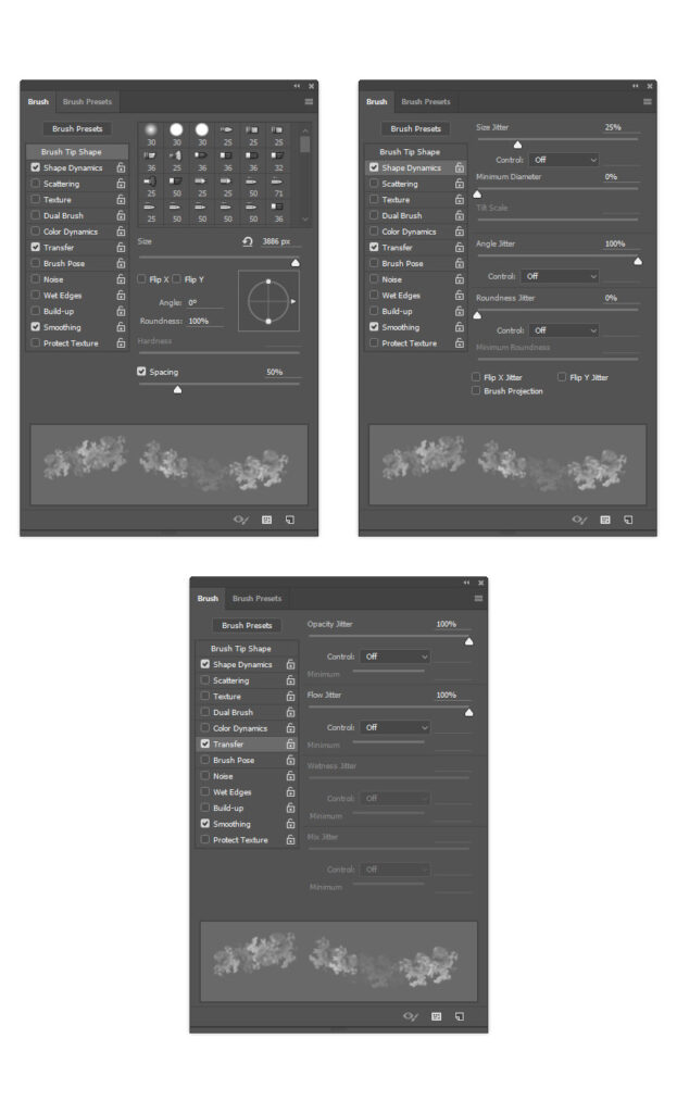Now press B on your keyboard, Right-click anywhere inside the canvas, select the Temp_Brush_3 brush, and hit Enter. Then go to Window > Brush and in the Brush window use the settings below: