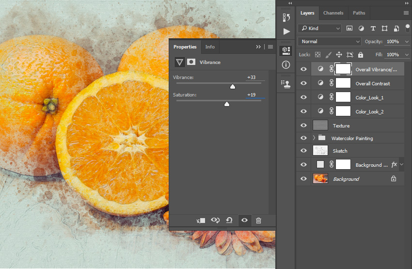 Now Double-click on this layer thumbnail and in the Properties panel set the Vibrance to +33 and Saturation to +19.