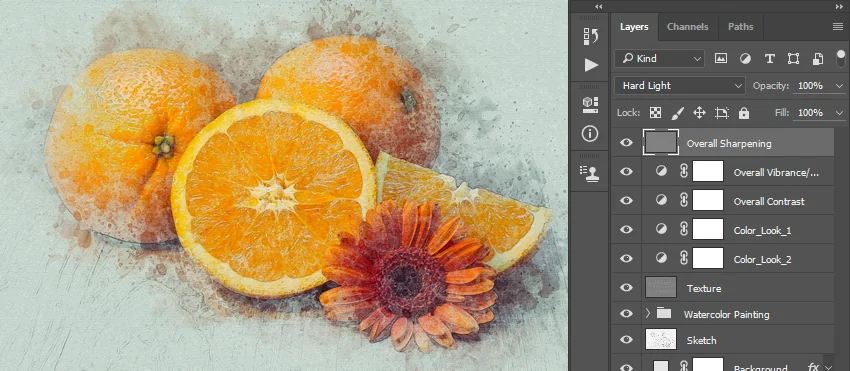 Change the Blending Mode of this layer to Hard Light and name it Overall Sharpening.