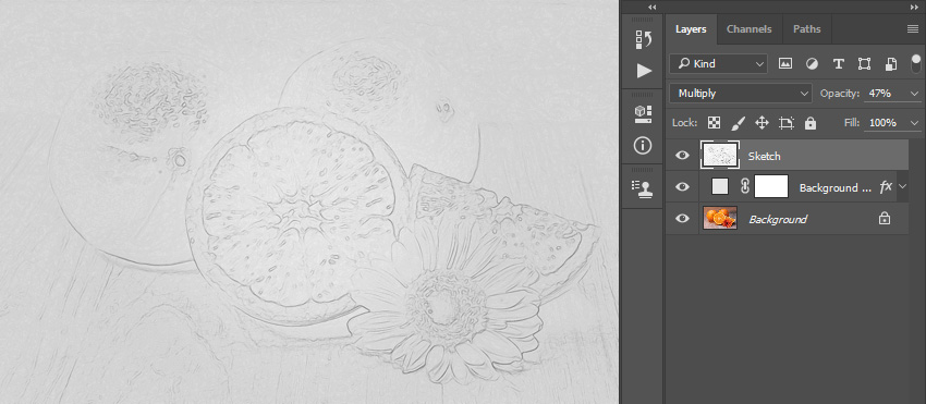 Change the Blending Mode of this layer to Multiply and set the Opacity to 47%. Then, name this layer Sketch.