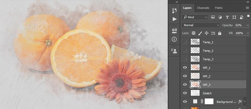 Now change the Opacity of this layer to 62% and name it WP_3.