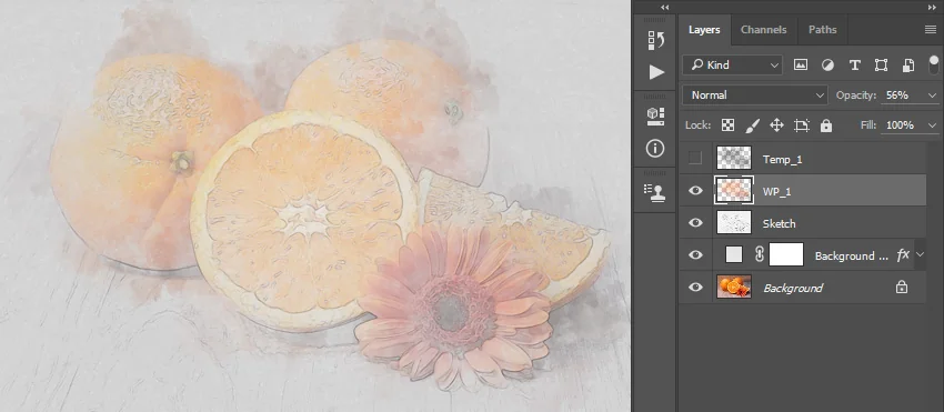 Now change the Opacity of this layer to 56% and name it WP_1.