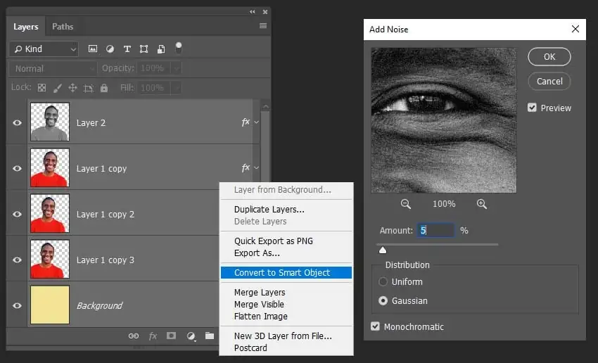 converting image to a smart object and adding a noise filter
