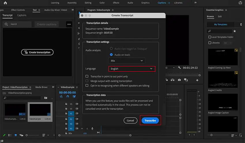 Premiere Pro Create Transcription Panel