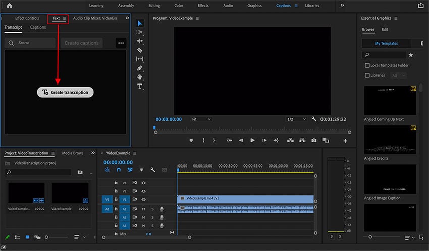 Premiere Pro Create Transcription
