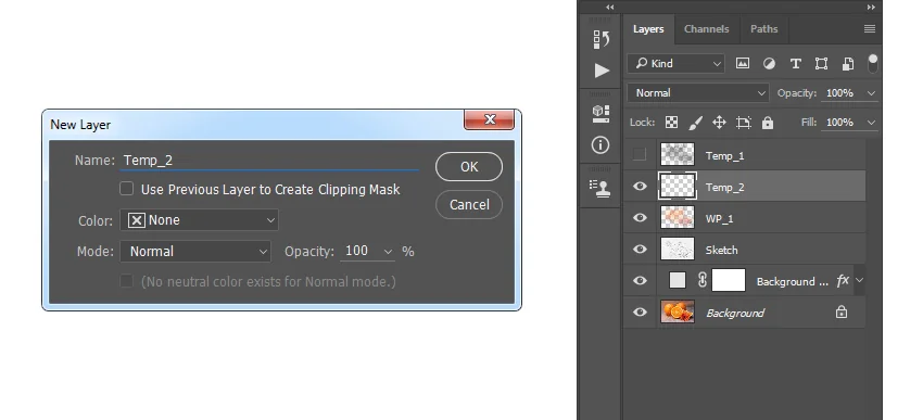 Go to Layer > New > Layer to create a new layer and name it Temp_2.