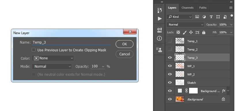 Select the WP_1 layer, go to Layer > New > Layer to create a new layer, and name it Temp_3.