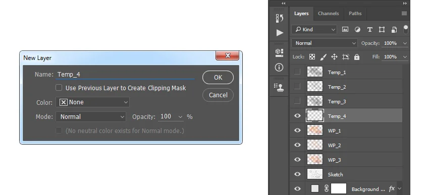 Select the WP_1 layer, go to Layer > New > Layer to create a new layer, and name it Temp_4.