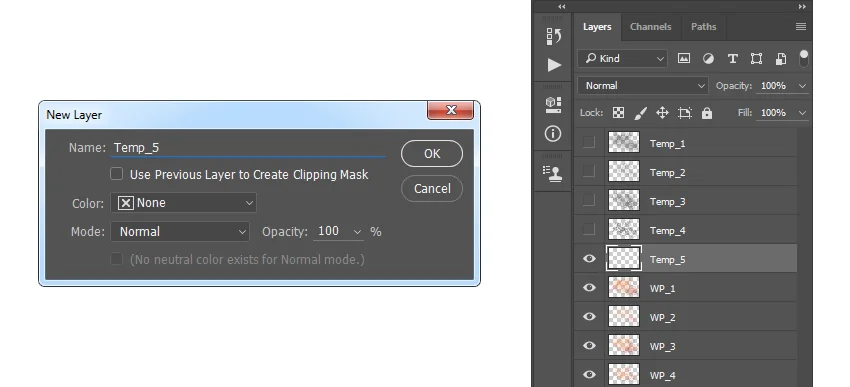 Select the WP_1 layer, go to Layer > New > Layer to create a new layer, and name it Temp_5.