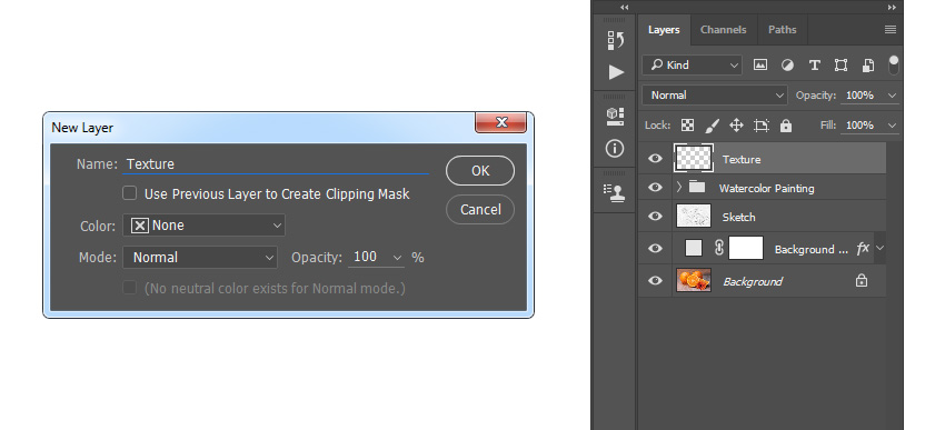 In this step we are going to create the texture. Go to Layer > New > Layer to create a new layer and name it Texture.