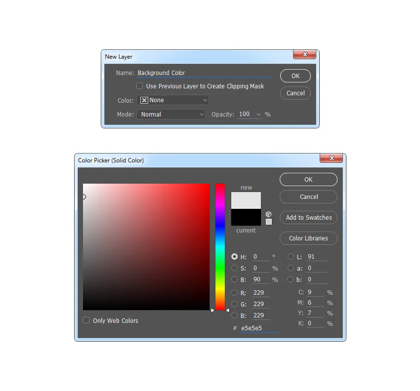In this section, we are going to create the background. Go to Layer > New Fill Layer > Solid Color to create a new solid color fill layer, name it Background color, and choose the color #e5e5e5.