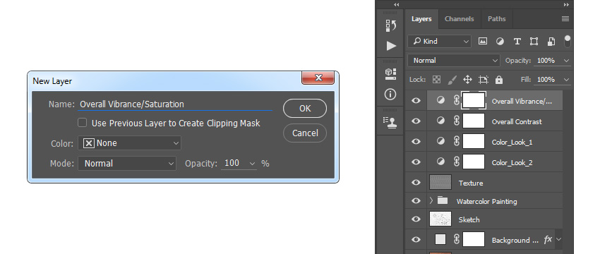 Go to Layer > New Adjustment Layer > Vibrance to create a new vibrance adjustment layer and name it Overall Vibrance/Saturation.