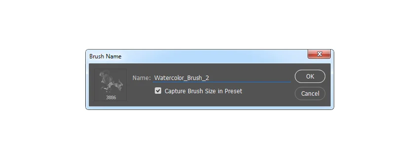 To define this brush with new settings as a new brush, click on the top right icon in the bottom right corner of the Brush panel, and name it Watercolor_Brush_2.