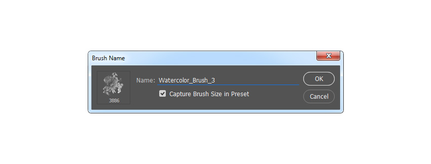To define this brush with new settings as a new brush, click on the top right icon in the bottom right corner of the Brush panel, and name it Watercolor_Brush_3.