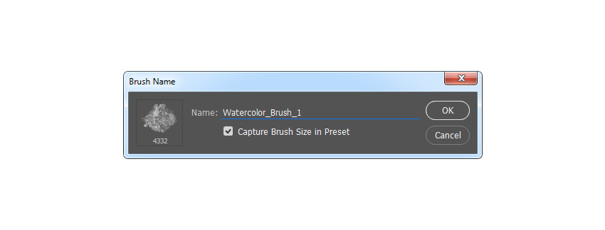 To define this brush with new settings as a new brush, click on the top right icon in the bottom right corner of the Brush panel, and name it Watercolor_Brush_1.