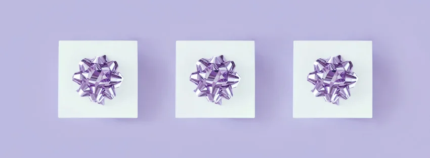 Gift boxes banner on pastel lavender color background.