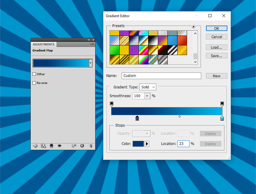 Go to Layer > New Adjustment Layer > Gradient Map to add color to the sunburst background. You can choose any colors you want.