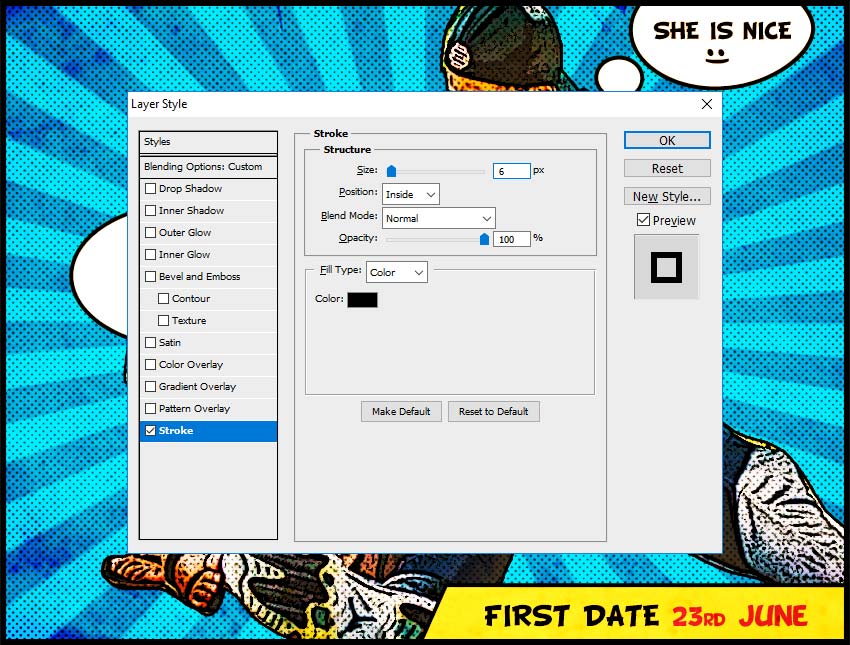 Press Shift-Control-Alt-E to make a copy of all the layers. Add a Stroke layer style to create a border effect. Use the color #000000