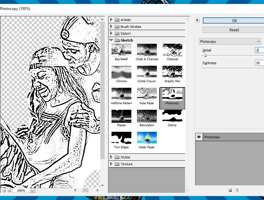 Go to Filters > Sketch > Photocopy and choose these settings.