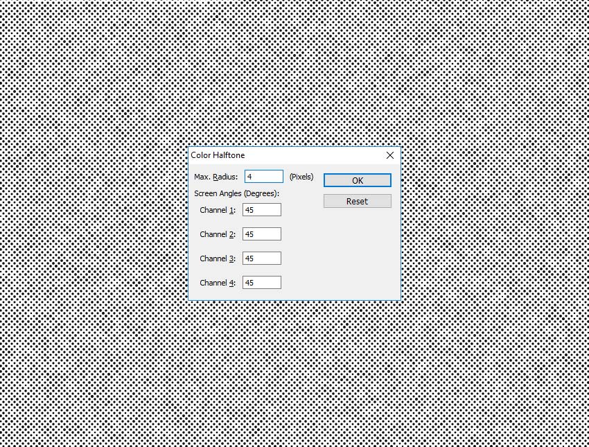 Go to Filter > Pixelate > Color Halftone and make these settings.
