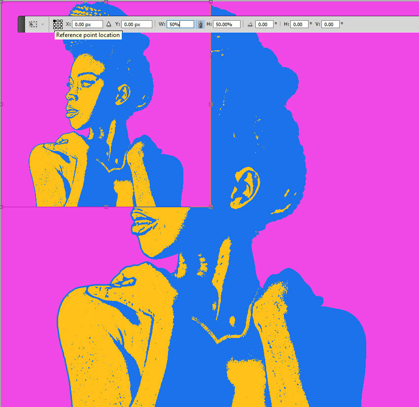 Press Control-T to resize the image to 50%. Change the Reference Point Location as shown in the preview.