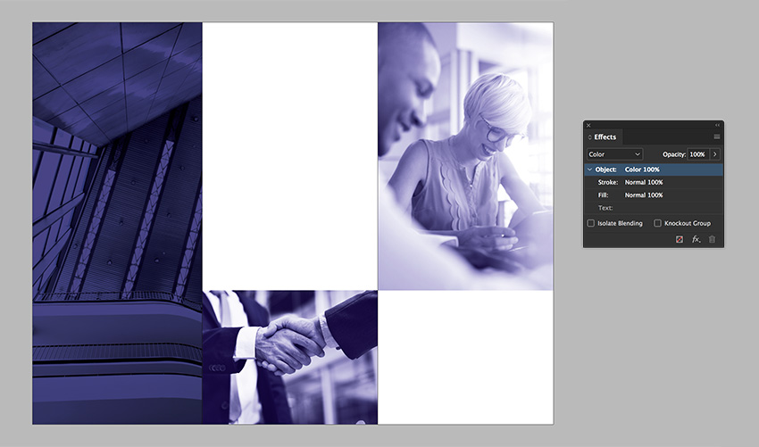 We need the images on Page 2 and 3 to come through more since they will be standalone images. Select both rectangles and set the Blending Mode to Color.