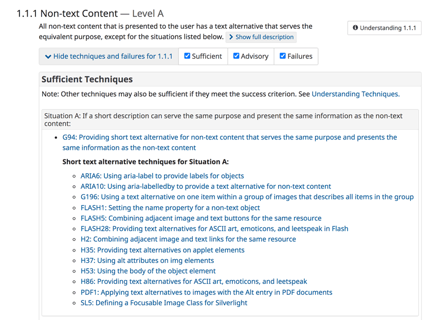 Excerpt from 1.1.1 Non-text Content ‘How to Meet’ document.