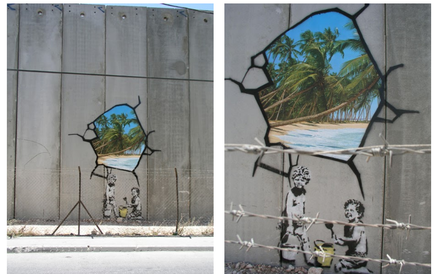Close up of Banksy's "Wall and Piece" mural in Palestine
