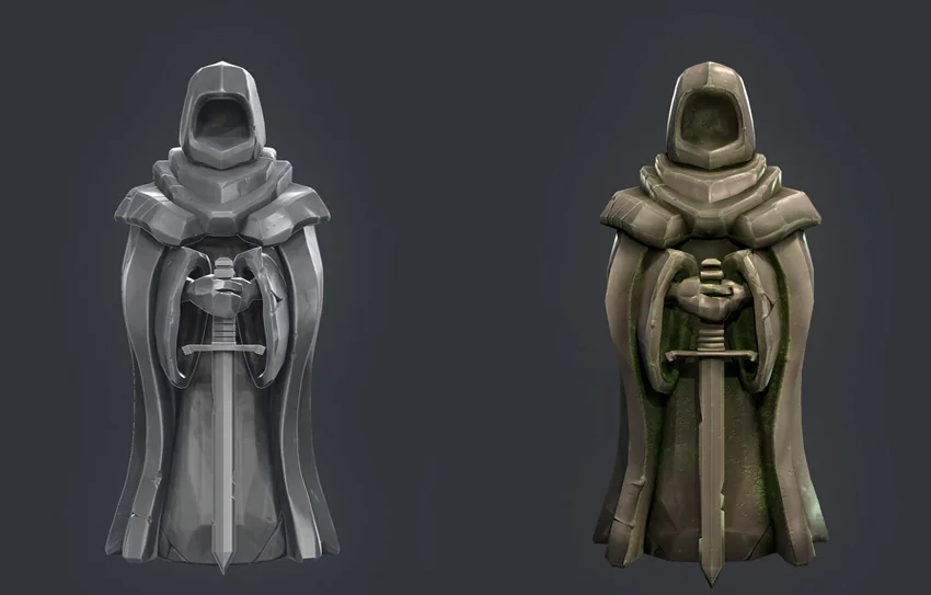 3D model without texture on the left and with texture applied on the right