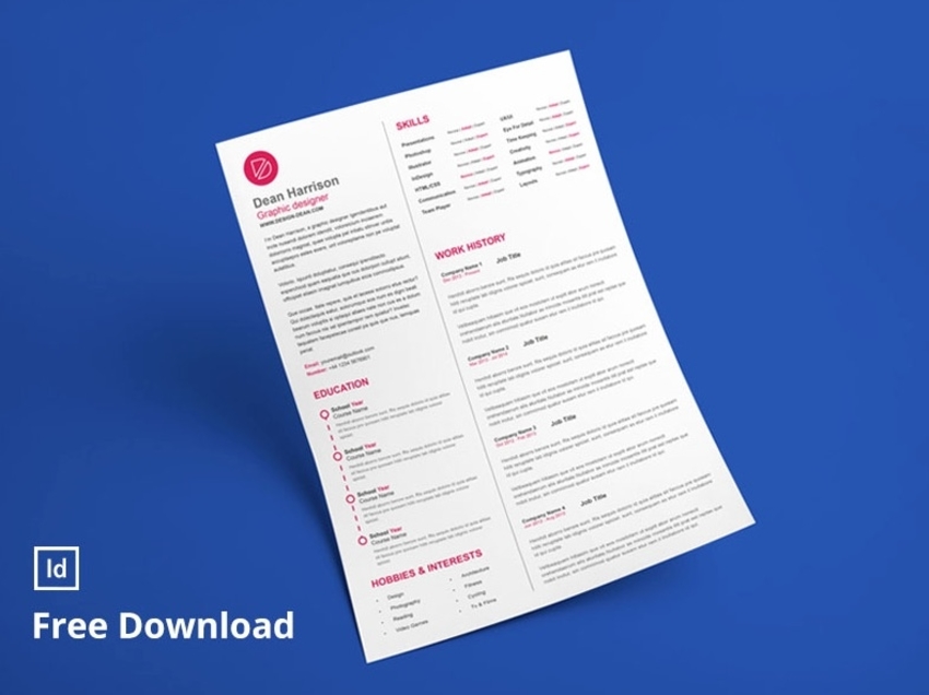 Adobe InDesign resume CV template for free