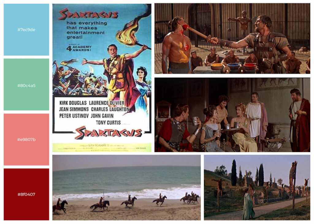 Images depicting a Roman soldier painting a man, noble Romans gathered talking, horses racing on a beach, and crucified men from Spartacus.