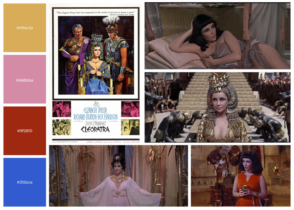 Images depicting Cleopatra wearing gray silk, a gold head dress, pink silk, and a red dress from Cleopatra (1963).