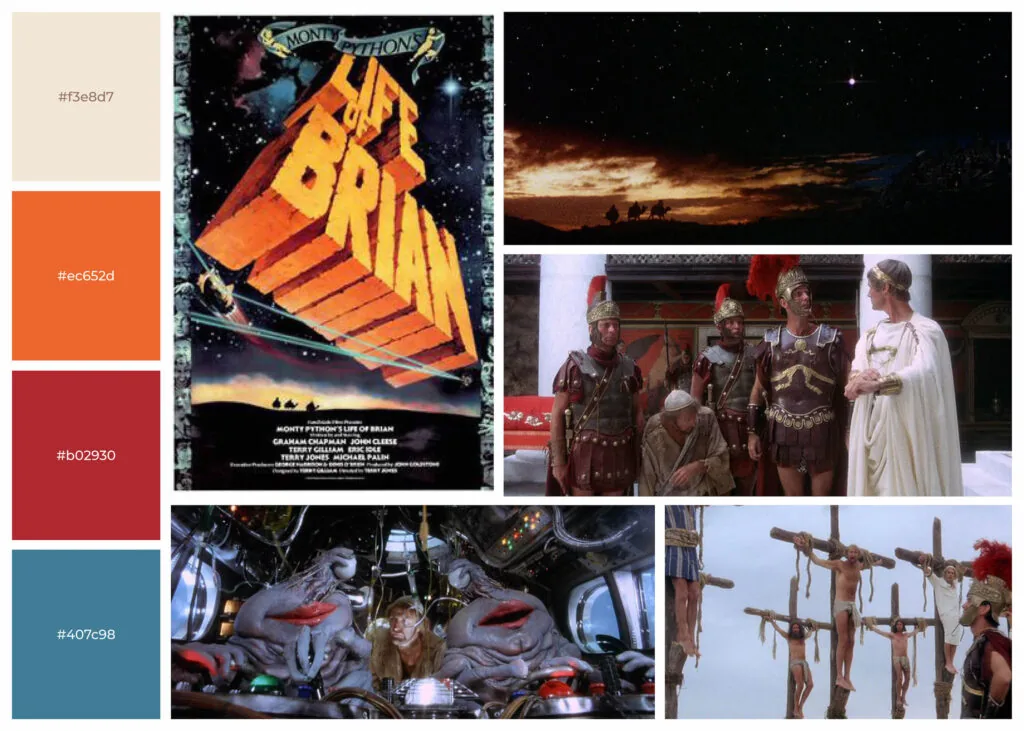 Images depicting a desert sunrise with camels in the background, a group of Roman soldiers chatting, aliens, and crucified men from Monty Python's Life of Brian (1979).