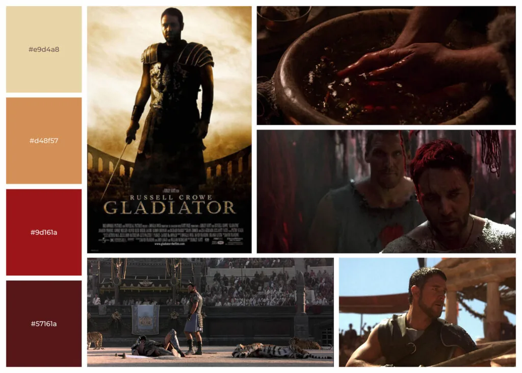 Images depicting hands washed in blood, two men walking through a corridor, a gladiator triumphing over an enemy, and Russel Crowe as the gladiator from Gladiator (2000).